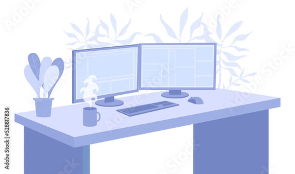 Fototapeta Empty office workplace chair, desk with desktop computer. Office work place with coffee cup, equipment, two monitors, keyboard, mouse. Business workspace, job occupation flat vector illustration