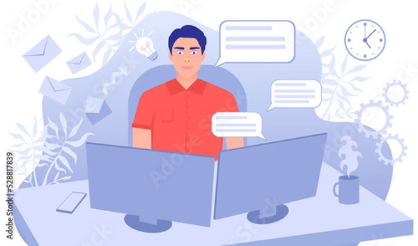 Fototapeta Freelancer working in office or from home online. The man holds an online conference. Vector illustration of time management and deadline.