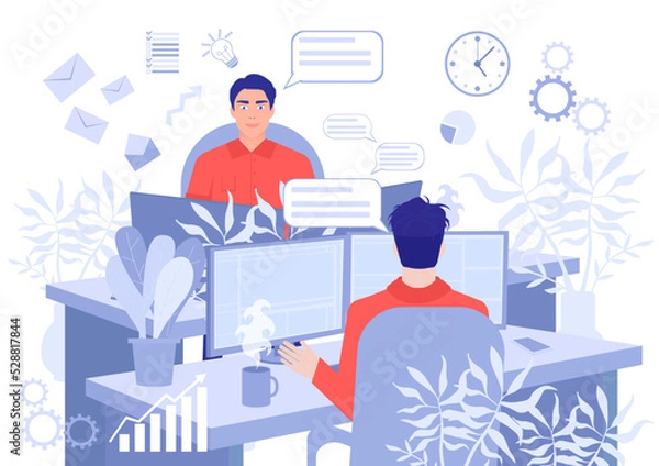 Fototapeta Two man work in office. Concept of teamwork, modern workspace, creative staff. Vector cartoon people illustration of team job.