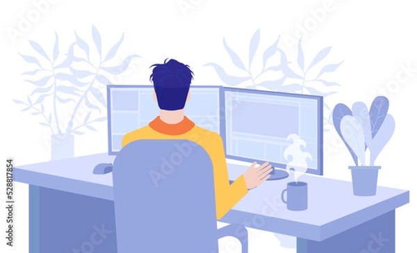Fototapeta Freelancer works in office or from home online. The man working on computer, team leading. Modern technologies and digital world, work on Internet. Vector illustration in flat cartoon style.