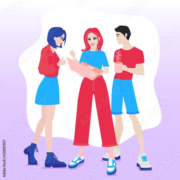 Fototapeta Man and women with laptop. Remote job concept, freelancers and coworkers. Modern technologies and digital world, work on Internet. Distance employees at home. Cartoon flat vector illustration