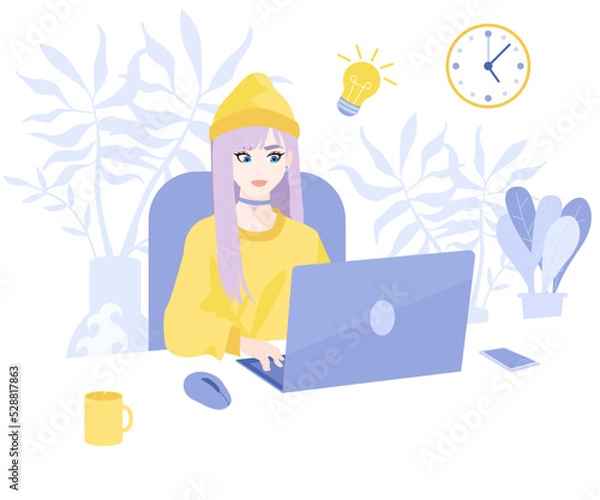 Fototapeta Freelancer works in office or from home online. The woman working on computer, team leading. Modern technologies and digital world, work on Internet. Vector illustration in flat cartoon style.