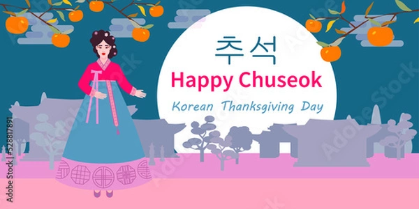 Fototapeta Illustration Korean holiday Chuseok. Country landscape with hanks, trees, full moon. Cartoon girl in hanbok. Traditional clothes. Concept for holiday card, poster, banner. Korean text: Happy Chuseok.