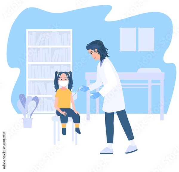 Fototapeta Immunity health vaccination concept. A pediatrician gives an injection of a flu vaccine to a child in a hospital. Health care, treatment, prevention and immunization.