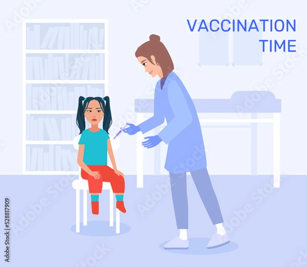 Fototapeta Vector illustration of a doctor's chamber. Where the doctor femal is gives an injection to patient child. Health care, treatment, prevention and immunization.