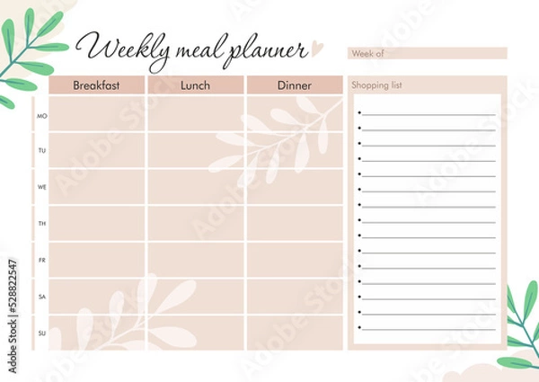 Obraz Weekly Meal Printable planner everyday Menu A4