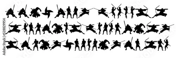 Fototapeta Collection of ninja With arrows silhouette vectors on a white background