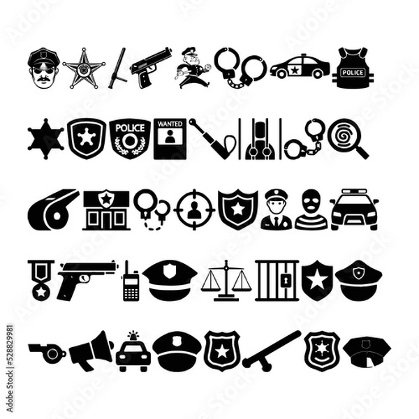 Fototapeta Vector set of police and law enforcement icons on white background