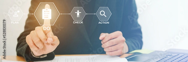 Fototapeta Business improvement using the PDCA Plan Do Act Check concept for sustainable planning solutions. Learn and analyze business ideas and apply them to goals for success.
