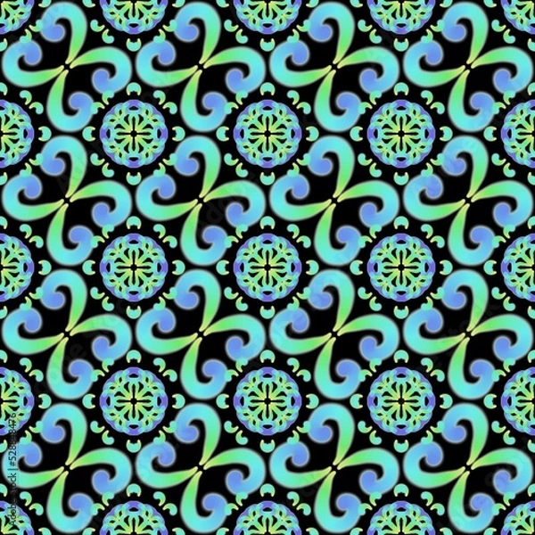 Fototapeta Abstract floral seamless ornament. Abstract blue and green pattern.  Design for decorating,background, wallpaper, illustration, fabric, clothing, batik, carpet, embroidery.