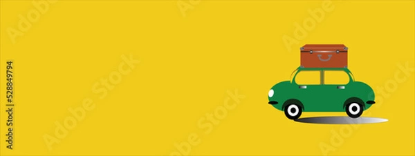 Fototapeta Turtle car with luggage on the roof on yellow background. Creative summer illustration.