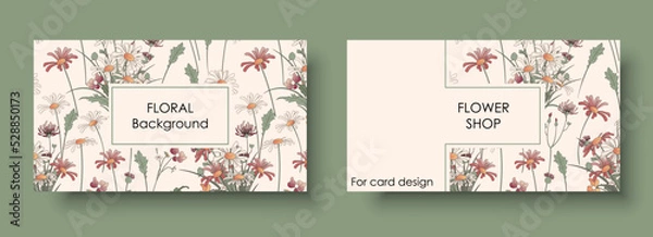 Fototapeta Card template with vector floral background. Illustration of wildflowers, chamomile, leaves, grass. For a flower shop postcards, invite design, greeting card, gift card, name card.