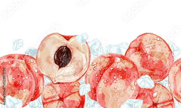 Fototapeta 水々しいモモの手描き水彩風パターンイラスト
