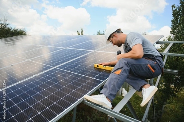 Fototapeta Male engineer in protective helmet installing solar photovoltaic panel system. Alternative energy ecological concept.