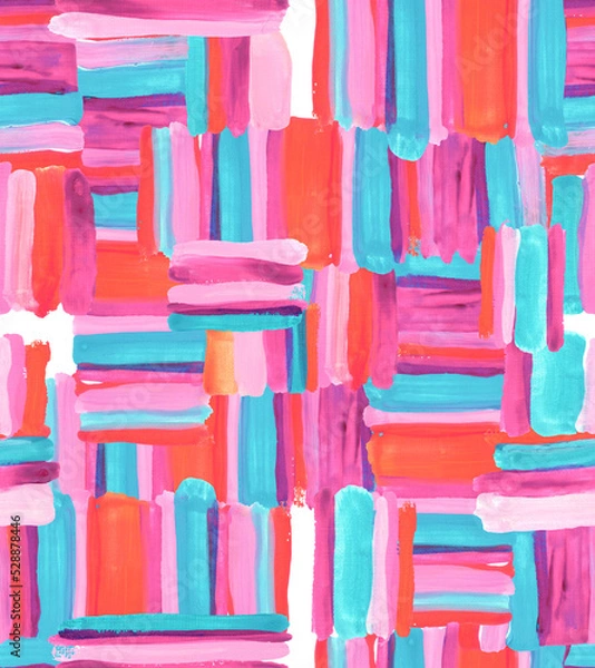 Fototapeta Seamless pattern of gouache strokes. Colors used: mint, pink, orange and purple. Drawn in gouache in an expressive style. Paper texture and paint strokes are visible.