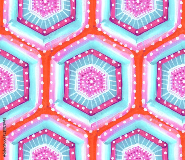 Fototapeta Seamless pattern of hexagonal elements. The colors used are mint, pink, orange and purple. Drawn in gouache in an expressive style. The texture of the paper and strokes of paint are visible.