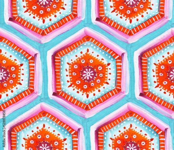 Fototapeta Seamless pattern of hexagonal elements. The colors used are mint, pink, orange and purple. Drawn in gouache in an expressive style. The texture of the paper and strokes of paint are visible.