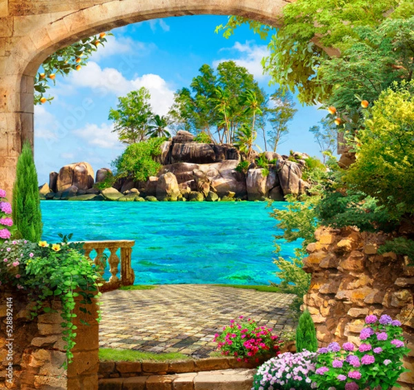 Obraz Illustration of a terrace overlooking the island. Seascape. Photo wallpapers. The fresco.