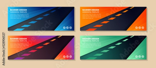 Fototapeta abstract modern four different banner backgrounds or templates design with copyspace and diagonal colour graded geometric patterns, colored gradient vector illustration. dot circle halftone pattern.