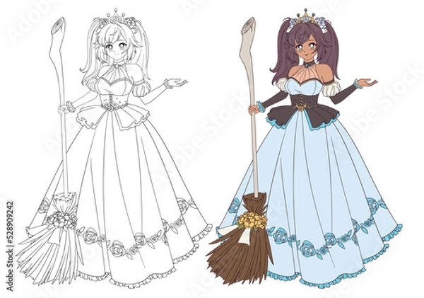 Fototapeta Cute anime princess holding broom.