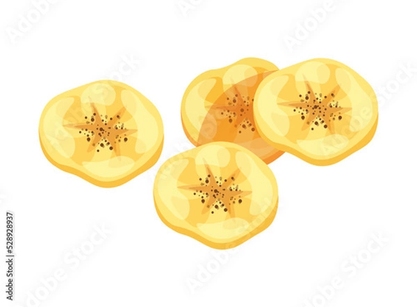 Obraz Banana dried fruit isolated on white background. Vector illustration of sweet dried banana in flat style. Icon  of banana. Healthy snacks. Cartoon style. Banana chips