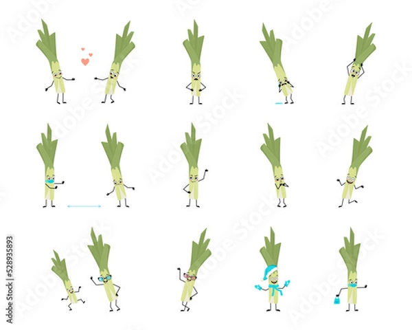 Obraz Set of cute green leek character with happy or sad emotions, panic, loving or brave face, hands and legs. Person with expression, green vegetable with mask, glasses or hat. Vector flat illustration