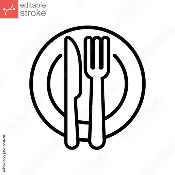 Obraz Plate and knife with a fork icon, dinner, meal, eat cutlery, outline style Restaurant dish dining table set. Tableware, silverware Editable stroke Vector illustration design on white background EPS 10