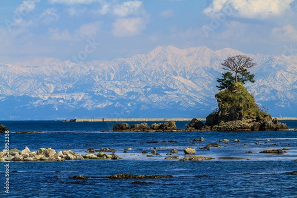 Obraz 冬の雨晴海岸から日本海越しの雪を被った冬の立山連峰