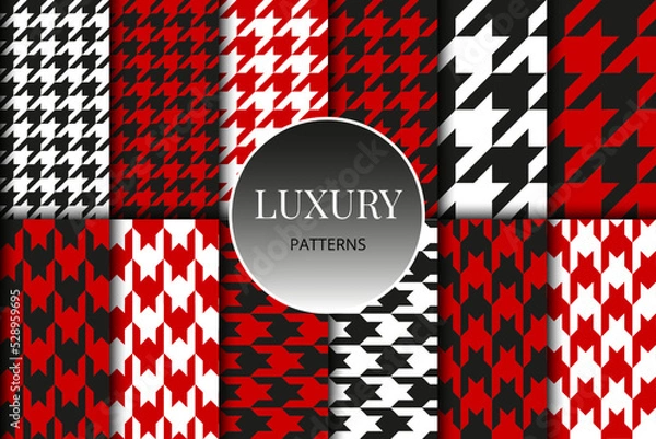 Fototapeta Houndstooth seamless patterns set. Fabric background. Classical red checkered textile collection