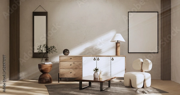 Fototapeta Cabinet room wooden interior wabisabi and armchair sofa and decoration japanese style.3D rendering