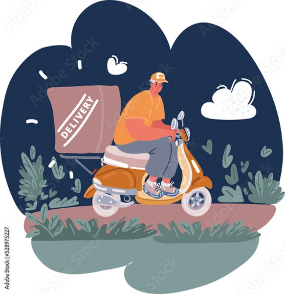 Fototapeta Cartoon vector illustration of Pizza motorbike delivery. Food courier driving bike fast delivery