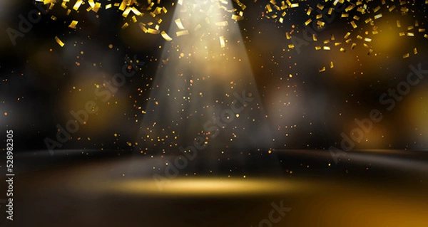 Obraz golden confetti rain on festive stage with light beam in the middle, empty room at night mockup with copy space  for award ceremony, jubilee, New Year's party or product presentations