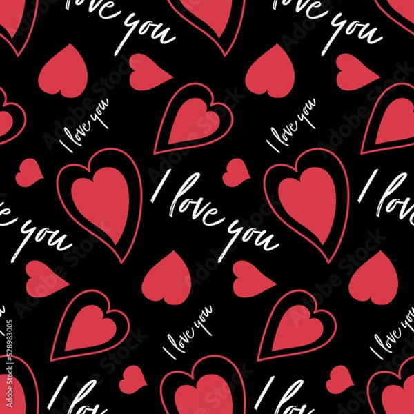 Obraz Red heart on black background, romantic seamless pattern for valentine's day for design