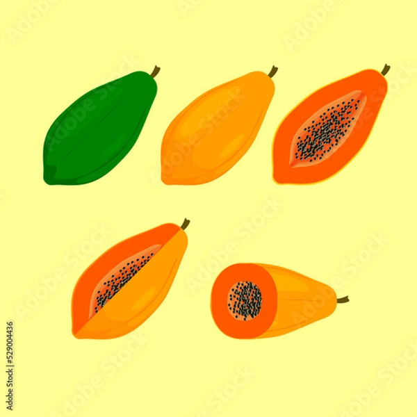 Fototapeta Set of papaya and sliced papayas isolated on white background with cartoon style.