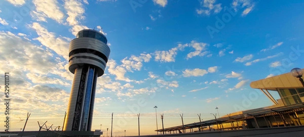 Obraz Airport control tower at dramatic sunset in Sofia, Bulgaria