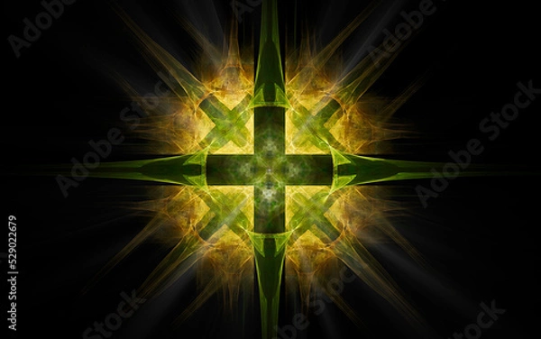 Fototapeta abstract illustration of a computer generated fantastic emblem in various shapes and shades on a black background for use in symbology, signs for digital design and graphics