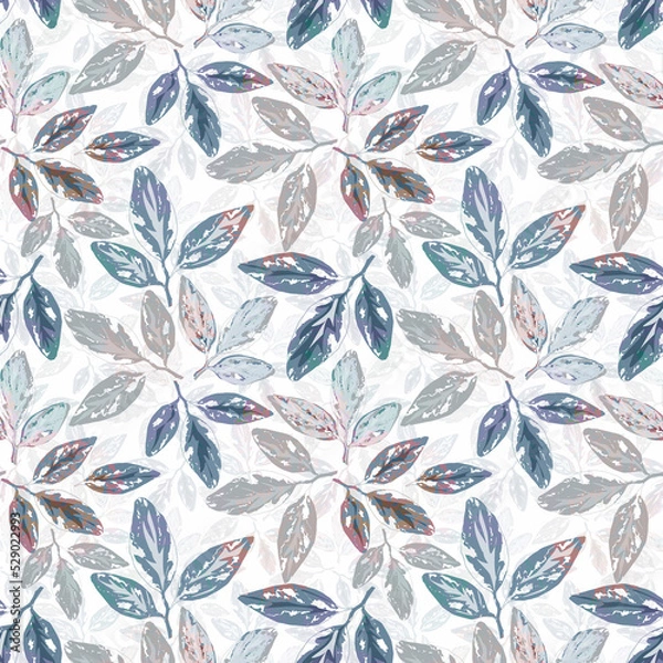 Fototapeta Seamless floral pattern with watercolor effect. Blue, gray and pink leaves on a white background.