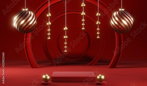 Fototapeta 3D rendering of blank product background for cream cosmetics Modern red podium background