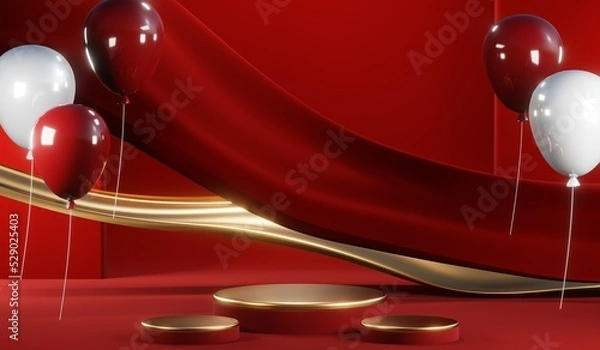 Fototapeta 3D rendering of blank product background for cream cosmetics Modern red podium background