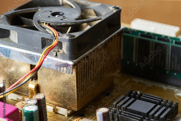 Obraz Old motherboard covered in dust and dirt. Close-up.