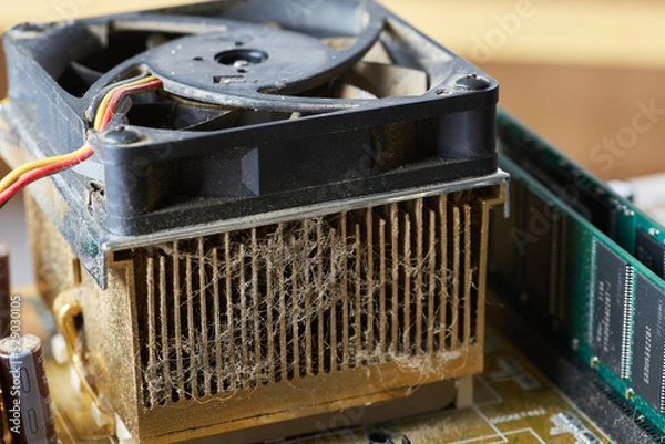 Obraz Old motherboard covered in dust and dirt. Close-up.