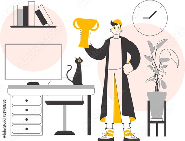 Fototapeta The guy is holding a cup. Lines modern style. Vector illustration.