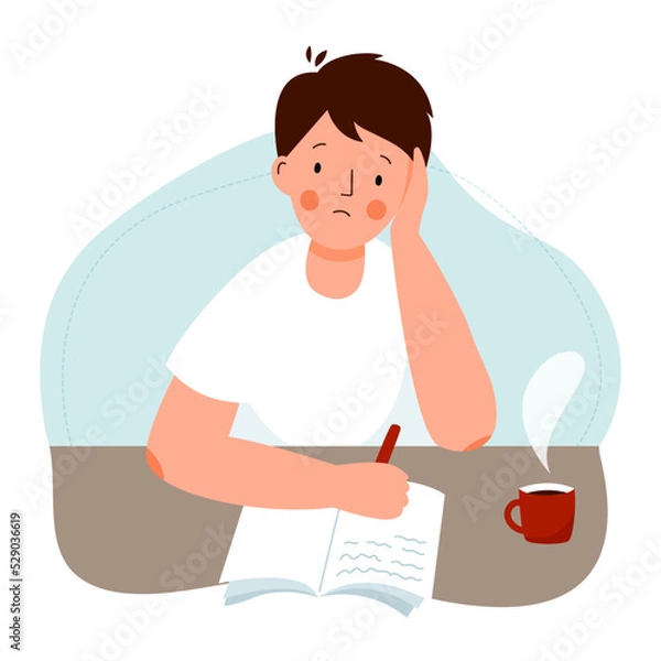 Fototapeta The schoolboy does difficult homework. The student is engaged, learning difficulties. 