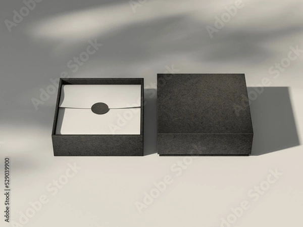 Fototapeta Two Square Black Boxes Mockup with white wrapping paper on white table, 3d rendering