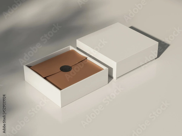 Obraz Square White Box Mockup with golden wrapping paper and sticker on white table with shadows, 3d rendering