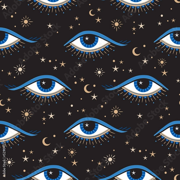 Obraz Evil eye vector seamless pattern. Magic, witchcraft, occult symbol, line art collection. Hamsa eye, magical eye, decor element. Blue, white, golden eyes. Fabric, textile, giftware, wallpaper.