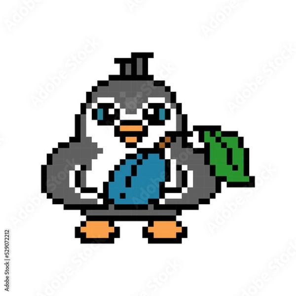 Fototapeta Happy penguin holding a plum, cute pixel art animal character isolated on white background. Old school retro 80's-90's 8 bit slot machine, 2d video game graphics. Bird with a fruit, cartoon mascot.