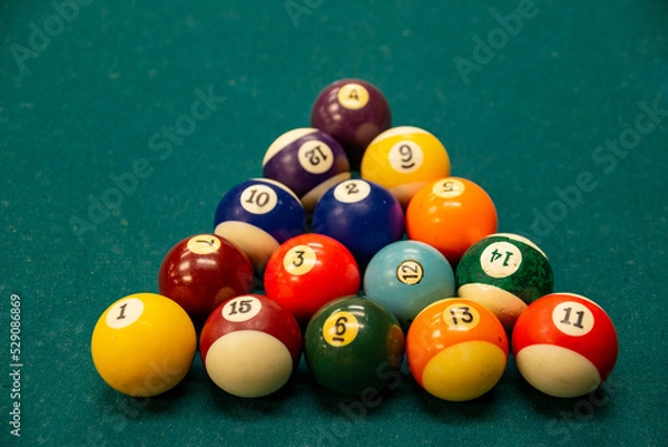 Fototapeta Pool balls racked for a break on the pool table