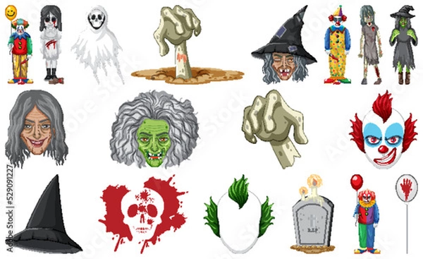 Fototapeta Set of horror halloween objects and cartoon characters