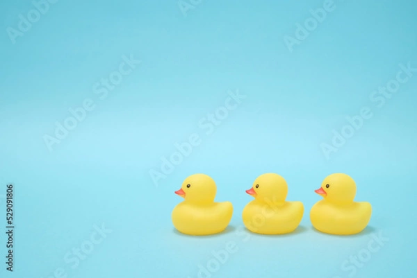 Obraz 水色背景に一列に並ぶ黄色いアヒルの置物